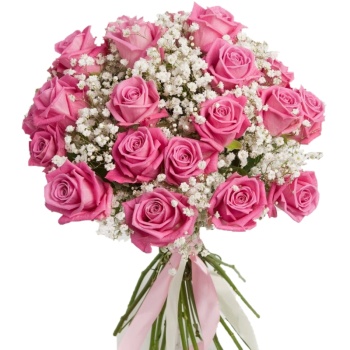 Букет из розовых роз с гипсофилой
